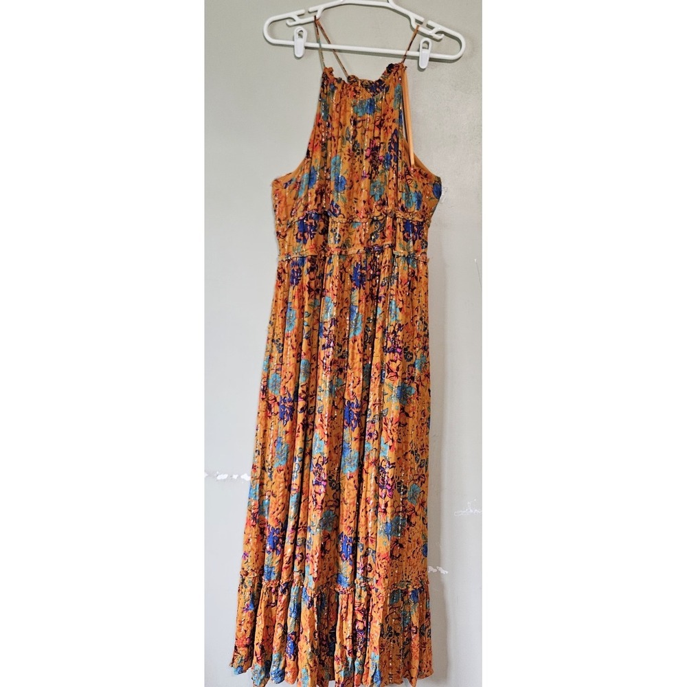 Bcbgmaxazria‎ Maxi Dress  Orange/mandarin Color Multi Floral Ruffled Metallic XL
